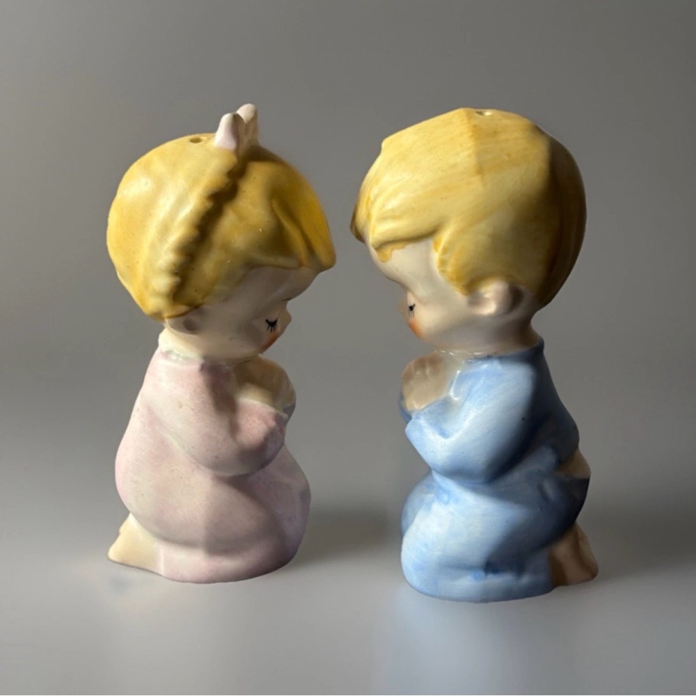 Vintage Japan Lego Porcelain Girl and Boy Kneeling Praying Salt Pepper Shakers